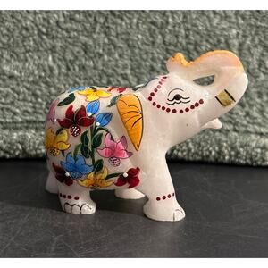 Stunning Hand-Painted Floral Soapstone Elephant Vintage